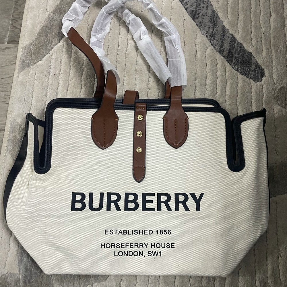 Burberry Soft Belt Neutral Canvas Bag with Brown Leather Medium